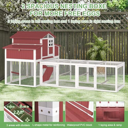 Gowoodhut 115.36" L 2-Story Chicken Coop with Extra Run Cage,Chicken House Hen House with 2 Large Nesting Boxes,Expandable Poultry Cage for 4-6 Chicken with 4 Perching Bars,Pull-Out Tray,Ramps(RED) - size: PET85+Extra Run Cage-Red