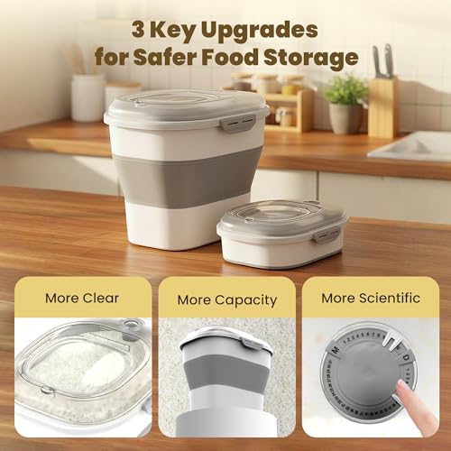 20-50Lbs Rice Container,Collapsible Food Storage Containers with Clear Airtight Lid,Wheels,Date Track,Rice Storage Container with 2PCS Containers and Scoop for Flour Sugar Cereal Grain Dog Cat - color: Clear/20-50lbs