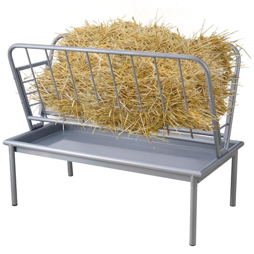 47.2" x 22.5" x 23.6" Heavy Duty Galvanized Steel Hay Feeder, Large Capacity 2 in 1 Grain & Hay Rack, Multiple Sided Pasture Hay Rack for Sheep Horses, etc