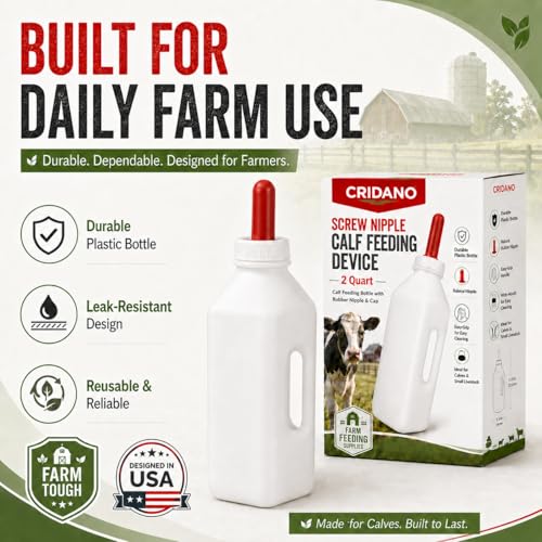 Calf Feeding Bottle 2 Quart with Screw Nipple, Livestock Nursing Bottle Kit with 4 Extra Rubber Nipples & Long Cleaning Brush, Easy-Grip Milk Bottle for Calves, Lambs, Goat Kids, Farm Feeding Supplies