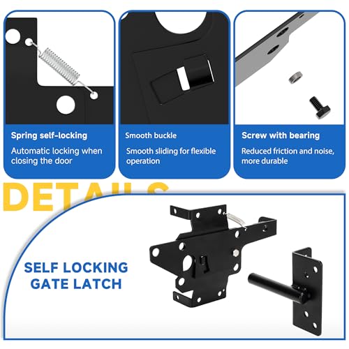 Self Closing Gate Hinge and Latch, Heavy Duty Self Locking Gate Hardware Kit for Wooden/Vinyl/PVC Fence Gate, Adjustable Gate Hinges and Post Mount Gate Latch, 2 Gate Latch 4 Gate Hinges
