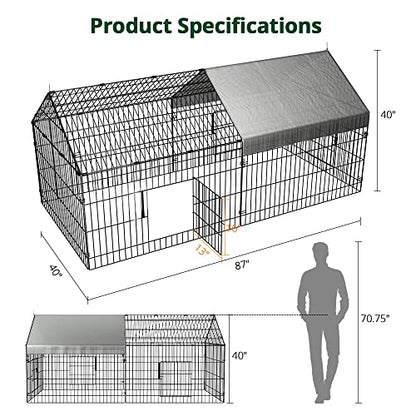 PawGiant Chicken Coop, 86"x40"x40" Chicken Run Pen for Yard with Cover Outdoor Metal Portable Chicken Tractor Cage Enclosure Crate Outside for Small Animals Duck Rabbit Hen - size: 86.0"L x 40.0"W x 38.5"H