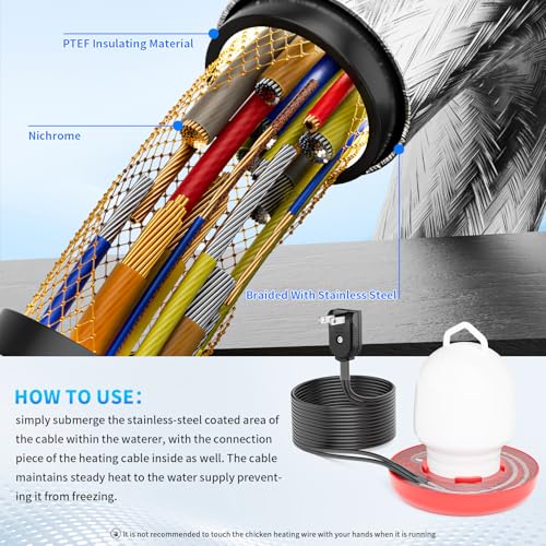 Chickens Water Heater Cord, 1-6 Gallons Heated Chicken Waterer for Winter, 9ft Freeze Proof Poultry Water Heater Cord, Prevents Water Freezing in Drinkers for Small Animals Rabbits, Ducks, Guinea Pigs