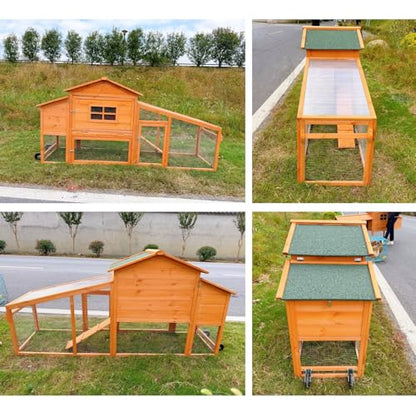 Mobile Chicken Coop with Wheels, Portable Hen House for 4-6 Chickens, Wood Outdoor Poultry Cage with Large Run, Waterproof Asphalt Roof, Side Nesting Box and Easy Clean Slide-Out Tray