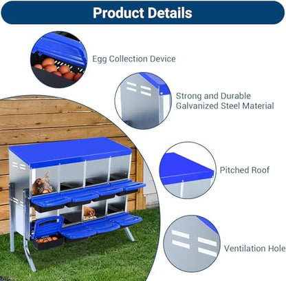 Chicken Nesting Box, 8 Hole 2 Layer Hen Nest Boxes with Legs, Roll-Away Egg Collection System with Ventilation Holes，Rustproof Plastic Tray & Keyhole Mounting, Chicken Laying Box - color: Blue, size: 8 holes with legs