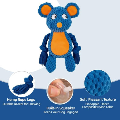 Plush Mouse Dog Toy – Durable Squeaky Toy with Rope Arms for Chewing & Tug of War | Soft Textured Stuffed Animal Toy for Small & Medium Dogs | Interactive & Cute Pet Gift - color: Dark Blue