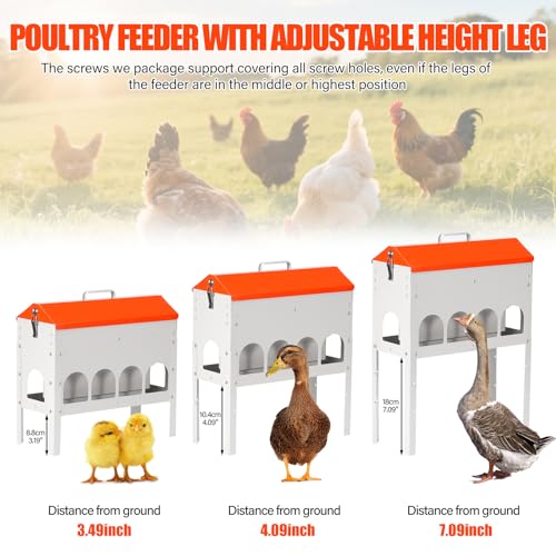 17Lbs Chicken Feeder No Waste Poultry Feeder 10 Feeding Ports | Base No Buildup-No Waste, With Secure Locking Lid & Adjustable Legs, Galvanized Metal, Coop Food Dispenser For Backyard Flock
