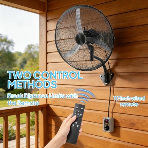 Bonnlo 30-inch Wall Mounted Fan with BLDC Motor & Remote Controller, High Velocity Outdoor Fan with Wired Remote, 4-Speed Industrial Wall Fan, Oscillating Wall-mount Fan for Garage, Gym, Patio - size: 30“