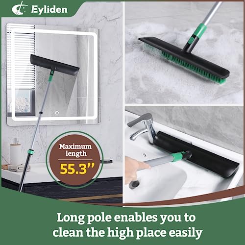 Eyliden Floor Scrub Brush, 15-inch Wide, 55" Long Handle Deck Brush | 2-in-1 Stiff Bristles and Rubber Squeegee, 45° Angle Head, Telescoping Handle, for Bathroom Shower Kitchen Patio Garage