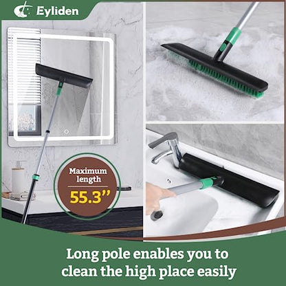 Eyliden Floor Scrub Brush, 15-inch Wide, 55" Long Handle Deck Brush | 2-in-1 Stiff Bristles and Rubber Squeegee, 45° Angle Head, Telescoping Handle, for Bathroom Shower Kitchen Patio Garage