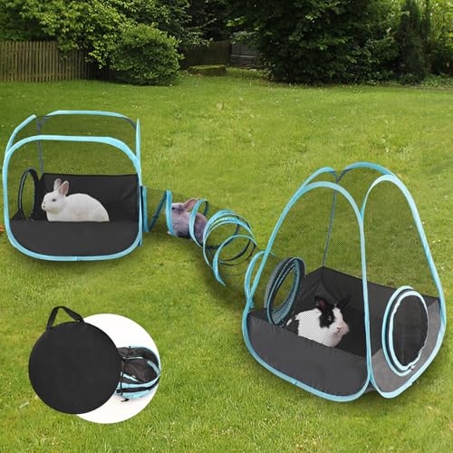 YUEPET Large Bunny Tunnel Hideout Breathable Rabbit Playpen with Tunnel Cube Tent,Portable Small Animal Tubes & Tunnels for Indoor Outside Dwarf Rabbits Guinea Pigs Hamsters Ferrets - color: Mesh Black Blue