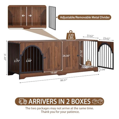 87" Extra Large Dog Crate TV Stand for 2 Dogs, Double Dog Crate with Removable Divider, Heavy Duty Wooden Dog Kennel with Arched Metal Doors & 4.3" Robot Vacuum Clearance, Ships in 2 Boxes (Walnut) - color: Walnut