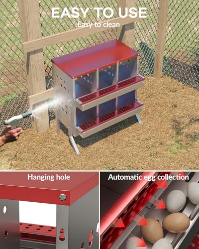 Chicken Nesting Boxes 6 Compartments, Metal Chicken Nesting Boxes, Waterproof & Rustproof Laying Boxes for Hens, Ventilation & Perch, Roll Away Egg Laying Box for Hens,Wall-Mountable & Freestanding
