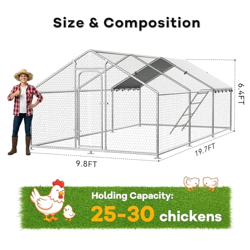Large Chicken Coop with Roosting Perch, Waterproof and UV-Resistant Cover,10'W x 19.7'L x 6.4'H Outdoor Walk-in Cage Chicken Run for Yard Farm, Spire Roof - size: 20x10Ft-Spire