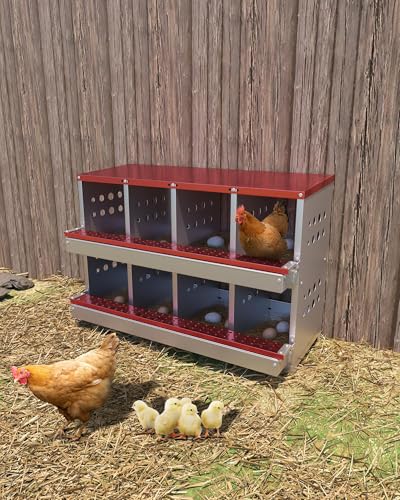 Galvanized Metal Chicken Nesting Box - 8 Compartments with Perch Rod, Egg Collection Tray & Fake Training Eggs - Rustproof Poultry Laying Box for Hens (Red, 8 Compartments) - color: Red, size: 8 Compartments