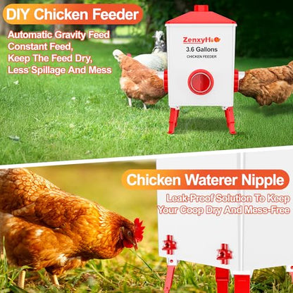 ZenxyHoC No Waste Chicken Feeders and Waterers - 8 Set with Water Nipples | for Buckets Barrels Bins Troughs No Waste Chicken Feeder - size: 8 Ports and 8 Nipples Standard