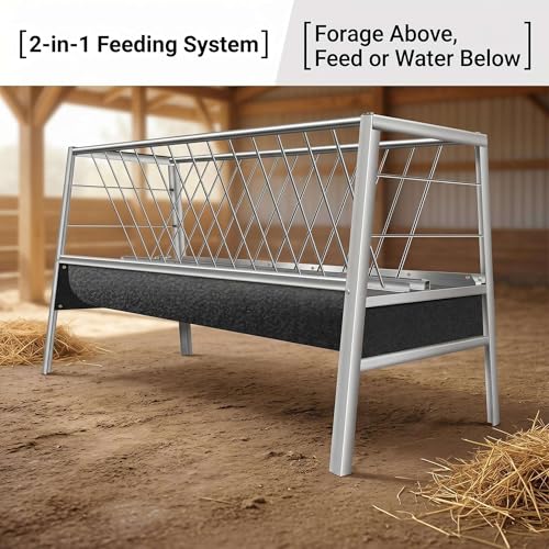 Stainless Steel Hay Feeder for Goats, 77-Gallon Livestock Feeder with 22-Gallon Rubber Feeding Pan, 33.4" Anti-Waste Rack for Sheep, Miniature Horses and Small Farm Animals - color: black and white