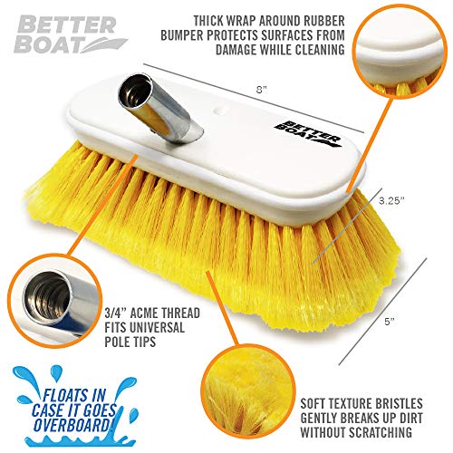 Soft Boat Deck Brush, Heavy-Duty Marine Brush Head, 8" Bristle with Bumper, 3/4" Thread Handle, for RV, Truck, and Auto Cleaning