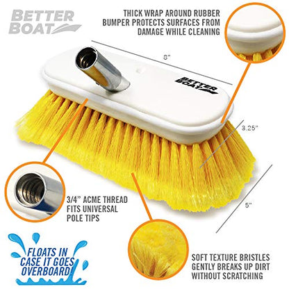 Soft Boat Deck Brush, Heavy-Duty Marine Brush Head, 8" Bristle with Bumper, 3/4" Thread Handle, for RV, Truck, and Auto Cleaning