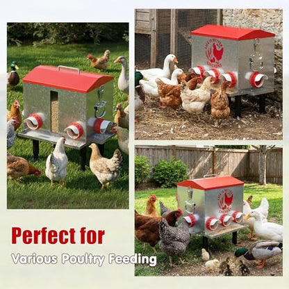 Pawaboo 55LBS Large Capacity Automatic Chicken Feeder - 2026 Upgraded No Waste Poultry Feeder, 7 Feeding Ports, Viewable Feed Level Window, Height-Adjustable Legs + Wobble-Free Stability - color: Red + Silver