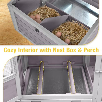 Aivituvin Large Chicken Coop Wooden with Wheels, Mobile Chicken Coop with Nesting Box & Waterproof Asphalt Roof, Expandable Chicken Cage with Run for 2–3 Chickens, Duck House - color: Grey, size: 80.6"L x 26.6"W x 42.4"H