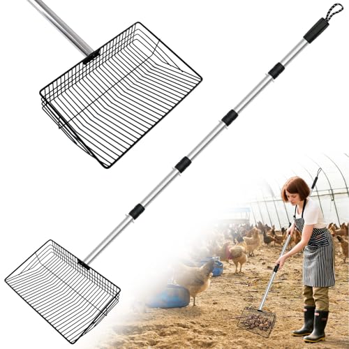 Chicken Poop Scooper, 10inch Large Chicken Coop Scooper for Sand with 32 to 67" Adjustable Stainless Steel Handle, Chicken Coop Scoop Metal Sifting Shovel for Chicken Coops & Small Farm Animals