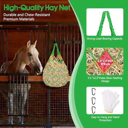 3 Pack Slow Feed Hay Nets for Horses, 40-Inch Durable Mesh Hay Bags with Carabiners and Gloves, Durable Hanging Hay Net for Goat Sheep, Livestock Hay Feeder for Stable Trailer Pasture - size: 3 Pack