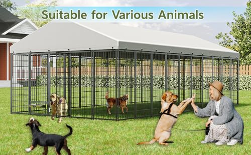 Large Dog Kennel Outdoor with Waterproof Roof Cover 18.9'L X 9.6'W X 6.76'H Metal Dog Run Enclosure Pet Pen Fence with 2 Rotatable Feeders Outside Dog House for Yard Chicken Coop Animals Ventilated