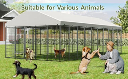 Large Dog Kennel Outdoor with Waterproof Roof Cover 18.9'L X 9.6'W X 6.76'H Metal Dog Run Enclosure Pet Pen Fence with 2 Rotatable Feeders Outside Dog House for Yard Chicken Coop Animals Ventilated
