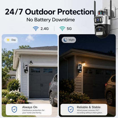 Cameras for Home Security, 6MP Dual Lens Outdoor Security Camera, 5GHz/2.4GHz WiFi, Auto Tracking, Color Night Vision, Plug-in Power, 2-Way Audio, IP66 Waterproof, SD/Cloud