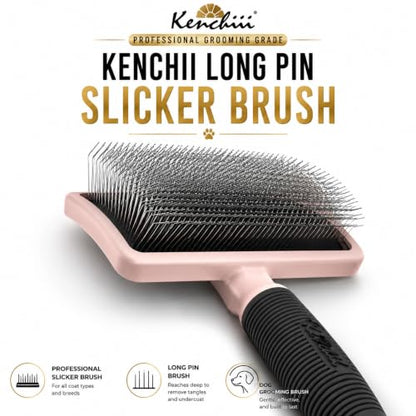 Kenchii Long Pin Slicker Brush for Dogs (Poodles, Doodles, Goldendoodles, Labradoodles), Professional Grooming Brush for Detangling, Fluffing & Dematting, Non-Slip Comfort Handle - color: Blush