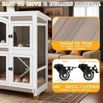 Gowoodhut 47" L Large Guinea Pig Cage Indoor with Wheels, 2-Story Wooden Hutch with 2 Deep Pull-Out Trays, Anti-Chew Ramps & Hideout for Hamsters, Ferrets & Rabbits, Grey, Easy-Clean Small Pet Home
