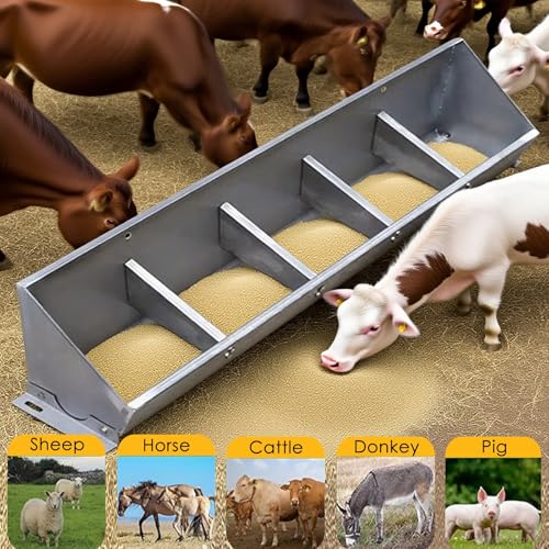 Hanging Heavy Duty Stainless Steel Livestock Feed Trough, 2-in-1 Sloped Opening Fence Feeder for Goats Pigs Sheep Cattle, Easy to Eat - size: 79 inch Long with 10 Bit