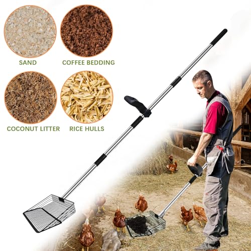 12" Metal Chicken Poop Scooper Rake for Sand with 24 to 68" Handle, Adjustable Chicken Poop Scooper for Poop, Wide 10”Poop Shovel Cleaning Tools, Heavy Duty Sifting Shovel (Black) - color: Black