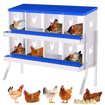 8 Compartment Chicken Nesting Box, Galvanized Steel Metal Laying Box with Removable Tray Roll-Out Egg Collection, Wall Mount Hen Roosting Box, Easy Egg Collection - color: Blue, size: 8 holes with legs