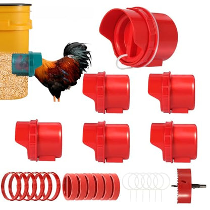 Chicken Feeder No Waste, 6 Ports Automatic Poultry Feeder with Covers & Hole Saw, Rain Proof Chicken Feeder Port for Buckets, Bins & Barrels - color: Red