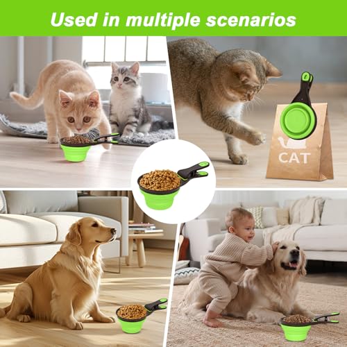 Collapsible Silicone Dog Food Scoop Foldable Pet Food Measuring Cup with Bag Clip 3 in 1 Multi-Function Silicone Dog Food Scooper (Green, Large) - color: Green, size: Large