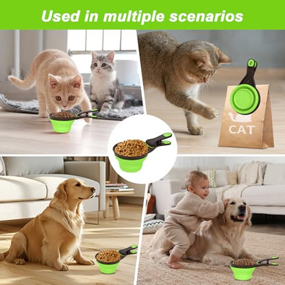Collapsible Silicone Dog Food Scoop Foldable Pet Food Measuring Cup with Bag Clip 3 in 1 Multi-Function Silicone Dog Food Scooper (Green, Large) - color: Green, size: Large