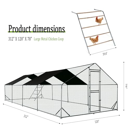 XCL Large Metal Chicken Coop, 26×10×6.5FT Walk-in Chicken Run, Spire Roof Poultry Cage with Waterproof Anti-UV Cover, Roosting Perch Outdoor Backyard Farm Enclosure for Duck Chicken (4-Unit Coop) - size: 4-Unit Coop