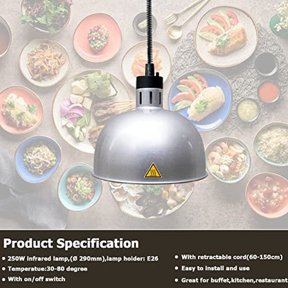 Hanging Food Heat Lamp Infrared Food Warmer Fry Heating Light 250W with Retractable Cord (Hanging,Dia 29cm(Silver)) - size: Hanging,Dia 29cm(Silver)