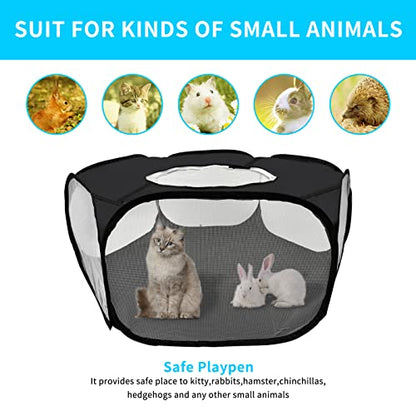 Guinea Pig Playpen, Waterproof Small Animals Playpen with Anti Escape Cover Portable Cat Playpen Breathable Indoor/Outdoor Yard Exercise Cage Tent for Hamster Puppy Chinchillas Rabbits(Black)