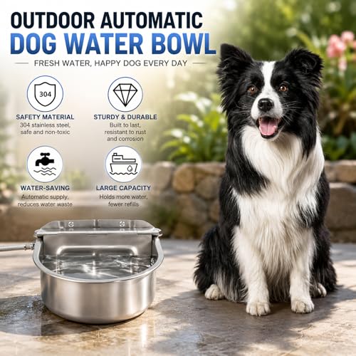 BWOGUE Automatic Water Dispenser for Dogs, 1 Gallon Outdoor Automatic Dog Water Bowl with Float Valve Stainless Steel Dispenser Fit 1/2'' and 3/4'' GHT Faucet for Dog Horse Chicken