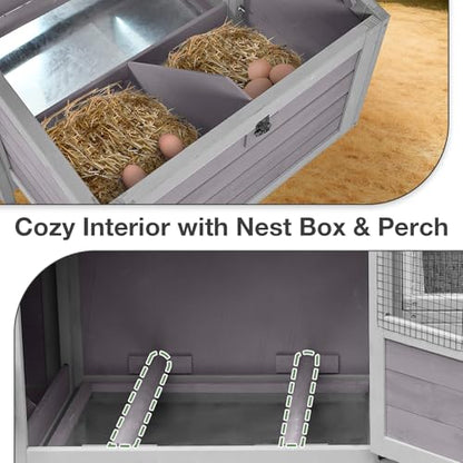 Chicken Coop Wooden with Wheels, Expandable Outdoor Chicken Tractor with Nesting Box & Pull-Out Tray, Easy-Clean Poultry Coop for 2–3 Chickens & Ducks - color: Grey