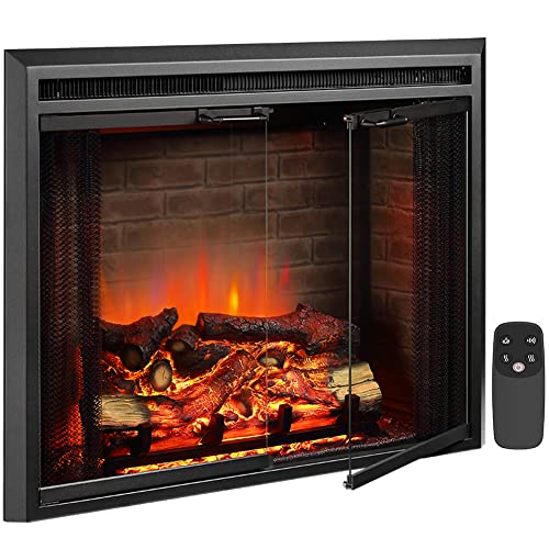 PuraFlame Klaus Electric Fireplace Insert with Fire Crackling Sound, Glass Door and Mesh Screen, 750/1500W, Black, 33 1/16 Inches Wide, 25 9/16 Inches High - size: 33" without Trim