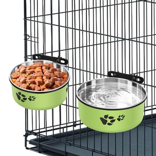 Dog Crate Bowls, ShineMe Stainless Steel Dog Kennel Bowls for Crates, Spill Proof Dogs Dishes that Attach to Crate Kennel Cage for Small Medium Size Dogs Cats, Set of 2, Green (6.2x2.6” & 5.5x2.4”) - color: Green, size: M (34oz+25oz)