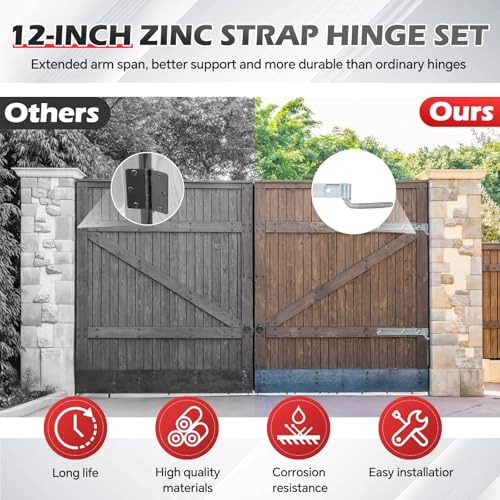 2 Packs 12'' Zinc Strap Hinge for Gates, Heavy Duty Gate Strap Hinge Zinc Plated with L-Screw (M16 × 101mm) for Barns Tool Sheds and Other Swing Doors, Galvanized (2) - style: L-shape-2pcs