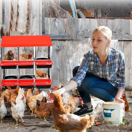 Chicken Nesting Boxes, 10 Holes Metal Chicken Egg Laying Box with Swing Perch and Rollout Egg Collection,for Various Chicken Breeds with Stand - Red 0.7mm - color: Red -10 Holes, size: With Stand