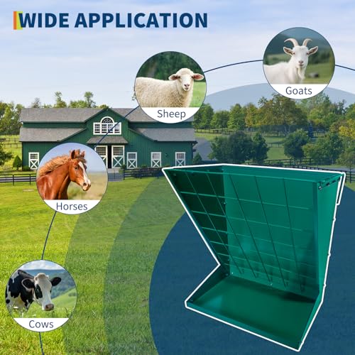 Wall Mount Hay Feeder for Goats, 2 in 1 Hay & Grain Livestock Feeders Rack, Hanging Sheep Cattle Feed Box with Steel Net, Wall Mounted Goat Hay Rack for Farm, Barn, Stable, Green - color: Green