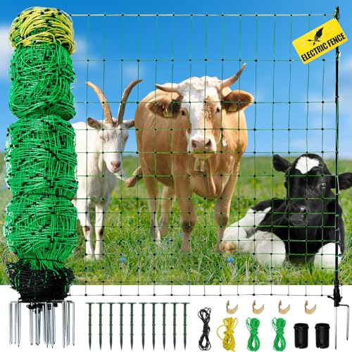 Electric Fence Netting, 164'L x 42.5" H Movable Livestock Nets for Sheep, Hogs, Cattle, PE Net Fencing Kit with 14 Posts Double Spiked, Electric Fencing for Backyards, Homesteaders, Farms Ranches - size: 164'L x 42.5"H