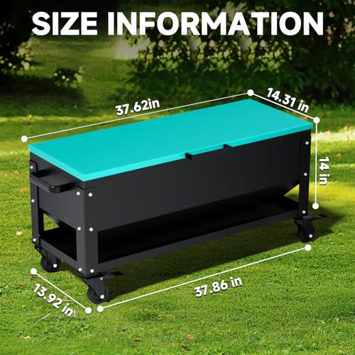 Heavy Duty Chicken Feeder 120 lbs Large Capacity, Metal Automatic Poultry Feeding Box with Waterproof Lid, Raised Standing Feeder with Wheels for Hens & Roosters, Portable & Easy to Move - color: Green
